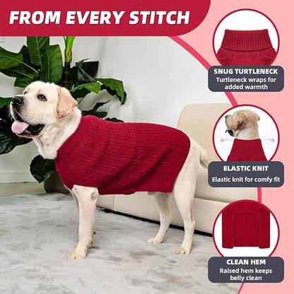 2 Pack Dog Sweaters for Big Dogs Turtleneck Pullover Cable Knit Large Size Stretch Clothes Pitbull Labrador Bulldog Doberman Boy Girl Pets Winter Clothes (XXL, Red & Green)