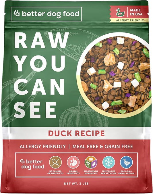 A Better Treat | Allergy Friendly Duck Dry Dog Food | Raw You Can See | No Chicken, Duck Only Animal Protein, No Meal Ingredients, Grain Free | Stomach Soothing Kibble + Freeze Dried Raw Dog Food