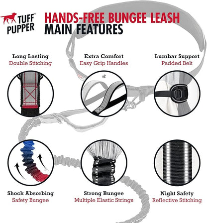 Tuff Pupper Heavy Duty Hands Free Dog Leash | Two Small/Medium Dogs Up to 90 lbs | Comfortable Shock Absorbing Bungee | Reflective Padded Handles | Lumbar Waist Belt 26-38" | Jogging Running Leash