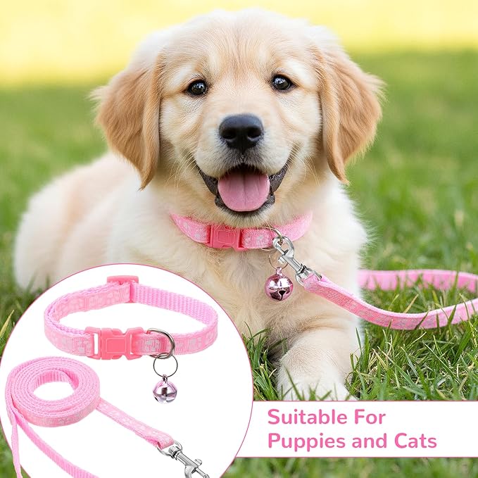 3pcs Puppy Collar and Leash Set with Bell, Adjustable Collar and Leash for Small Dogs, Paw Print Collars for Puppy Small Dogs & Tiny Kitten (Purple, Pink, Blue)