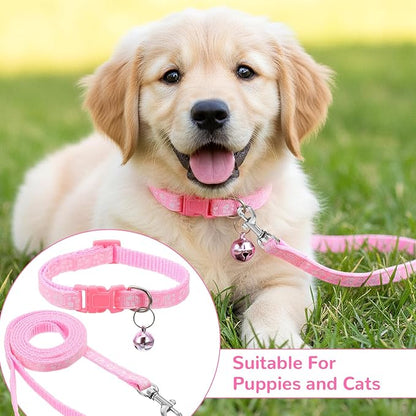3pcs Puppy Collar and Leash Set with Bell, Adjustable Collar and Leash for Small Dogs, Paw Print Collars for Puppy Small Dogs & Tiny Kitten (Purple, Pink, Blue)