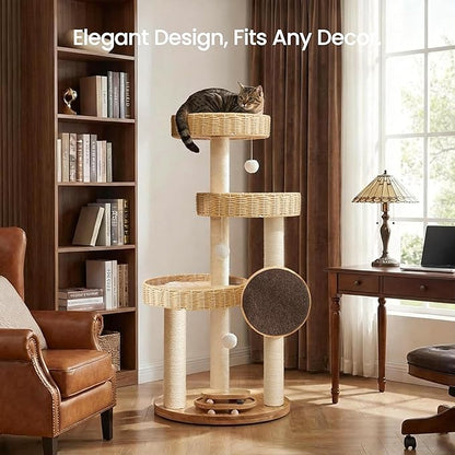 Solid Wood Cat Tree for Large Cats, 48-Inch Modern Cat Tower with Hand-Woven Baskets, Multi-Level Cat Condo with Sisal Scratching Posts, Sturdy Indoor Cat Furniture for Big Cats up to 20lbs