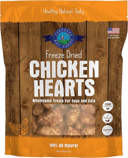 Shepherd Boy Farms Freeze Dried Dog and Cat Treats, Chicken Heart, All Natural Freeze-Dried Dog Treat & Snacks, Made in USA, High in Protein, Essential Nutrition of Raw Food, 8oz