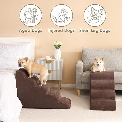 EHEYCIGA Curved Dog Stairs Ramp for High Beds 22.6" H, 5-Step Dog Steps for Small Dogs and Cats, Pet Stairs for High Bed Climbing, Non-Slip Balanced Pet Step Indoor, Brown