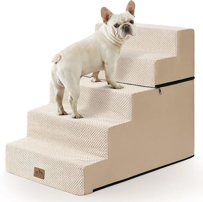 Dog Stairs for Small Dogs, 5 Tier Removable Wider Pet Stairs for Couch and Bed, 23.6" H Non-Slip Dog Steps for Puppies and Old Cats with Support Board, 19.7x29.5x23.6 inch, Beige