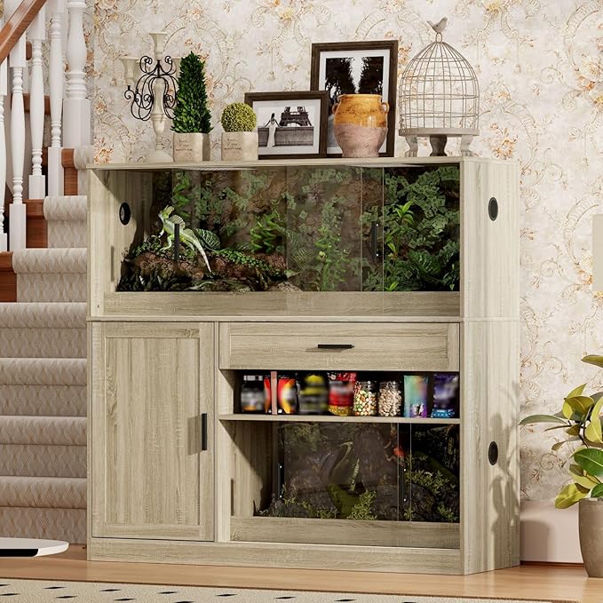 DAWNSPACES Terrarium Stand, Bearded Dragon Cage, Reptile Tank Stand Enclosure, Terrarium Table with Tempered Glass, Ventilation Holes, 1 Cabinet and 1 Drawer for Living Room, Light Oak
