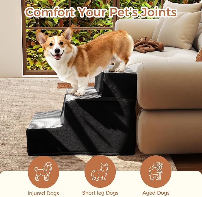 Dog Stairs for Small Dogs and Cats 14" H 3-Step Dog Steps for High Bed Couch and Sofa High-Density Foam Pet Stairs with Supporting Board Pet Steps with Non-Slip Bottom Washable Cover