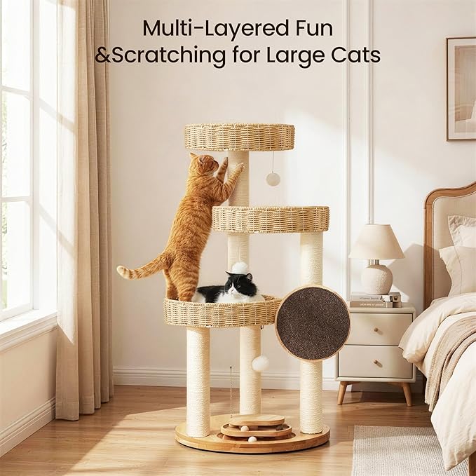 Solid Wood Cat Tree for Large Cats, 48-Inch Modern Cat Tower with Hand-Woven Baskets, Multi-Level Cat Condo with Sisal Scratching Posts, Sturdy Indoor Cat Furniture for Big Cats up to 20lbs