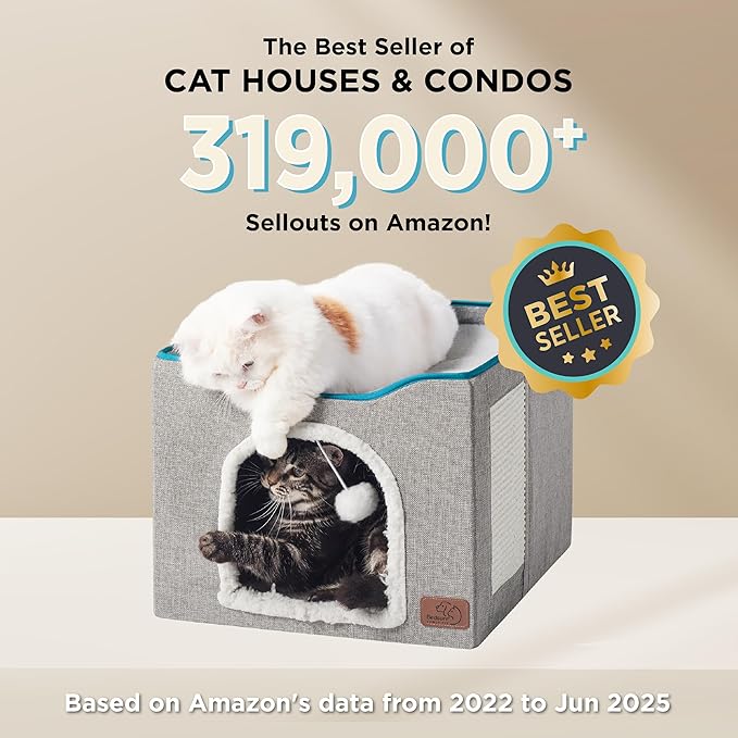 Bedsure Cat Beds for Indoor Cats - Large Cat Cave for Pet Cat House with Fluffy Ball Hanging and Scratch Pad, Foldable Cat Hideaway, 16.5x16.5x13 inches, Dark Grey