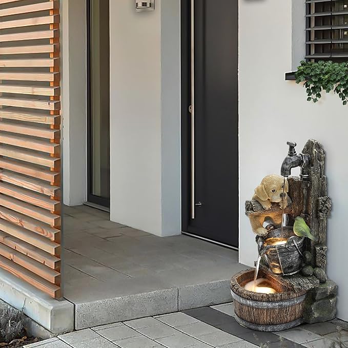 LuxenHome Water Fountain Outdoor, 25" Whimsical Puppy Dog Resin Outdoor Water Fountain with LED Lights, Decorative Garden Waterfall Fountains Indoor and Outdoor for Patio, Garden Decor