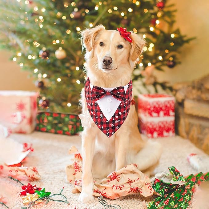HDGDT Adjustable Red Plaid Christmas Dog Tuxedo Bandana with Bow Tie - Holiday Pet Outfit Costume for Dogs XS to XL