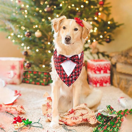 HDGDT Adjustable Red Plaid Christmas Dog Tuxedo Bandana with Bow Tie - Holiday Pet Outfit Costume for Dogs XS to XL