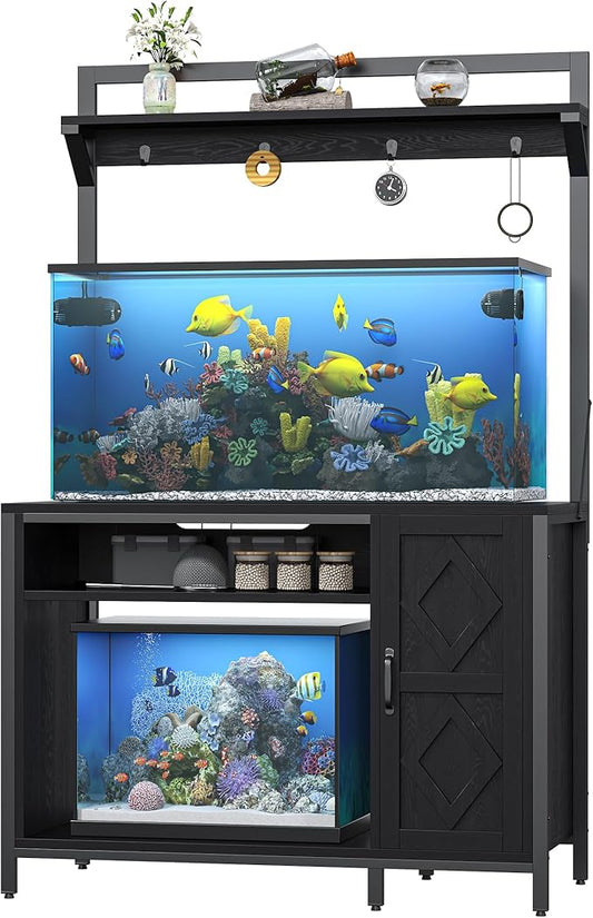 kepptory 40-50 Gallon Diamond Fish Tank Stand with Power Outlet, Heavy Duty Aquarium Cabinet with Display Shelf and 4 Hooks, Suitable for Turtle Tank, Reptile Terrarium for Home Office (Classic Black)