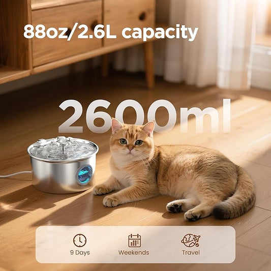 Cat Water Fountain Stainless Steel - 88oz/2.6L Pet Drinking Fountain for Cats Indoor with 8 Filters - Automatic Cat Watering Dispenser Bowl with Water Level Window - Quiet for Cats & Dogs Owners