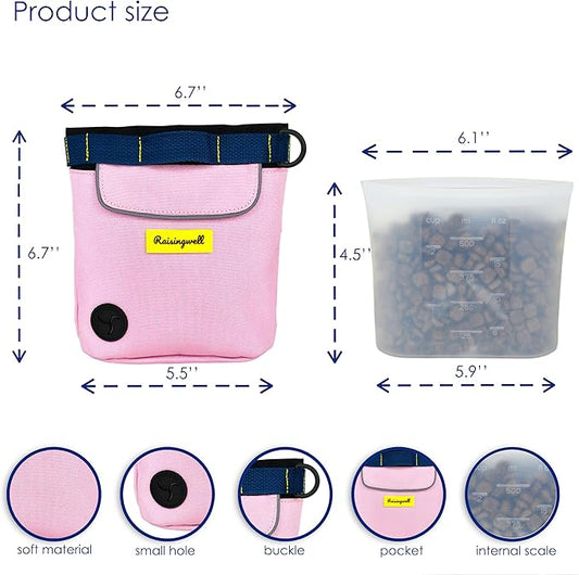 Dog Treat Pouch for Pet Walking and Training with Clicker 2 Cup Silicone Bag Small Fanny Pack Holder for Puppy Snack Dispenser Kit for Leash and Outdoor Use (Pink)