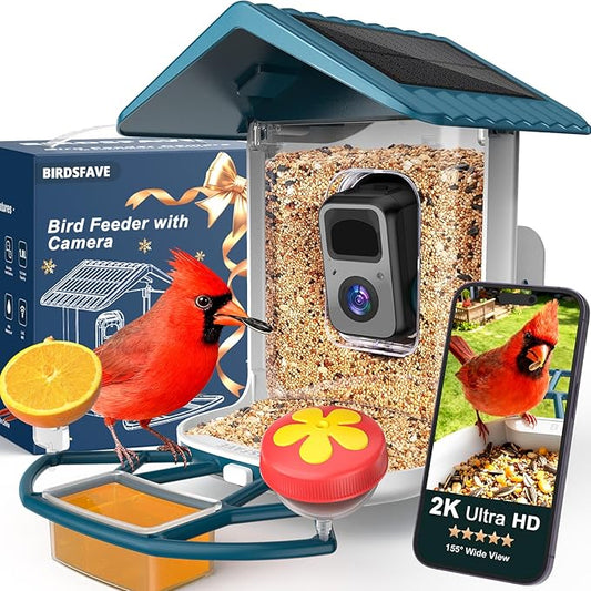 BIRDSFAVE-Bird Feeder with Camera Solar Powered, 2K Clear Live/Video/Photo Auto Arrival Alerts AI Identify Smart Cameras Birds Feeders with 32GB Card DIY Add-ons, 2.4G WiFi Wireless Birdwatching Gift