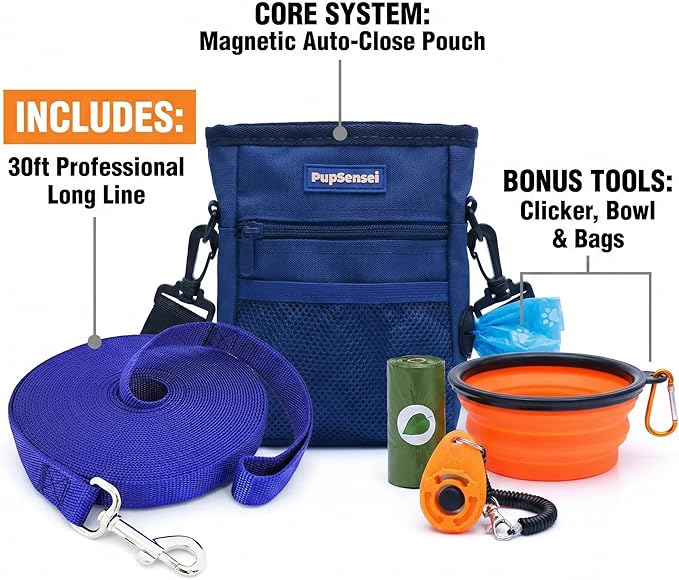 PupSensei Dog Training Kit & Puppy Starter Set with 30ft Long Leash – Complete Recall System w/Magnetic Treat Pouch, Clicker, Collapsible Bowl & Waste Bags – Professional Tools (Navy Blue)