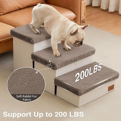 Love's cabin Dog Stairs for High Bed 18" H,3 Steps with Furry Lids Pet Stairs for Small Medium Large Dogs,Foldable Cat Ramp with Zip up to 200 lbs,Brown