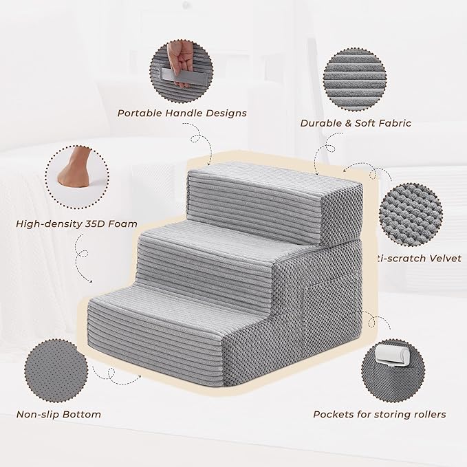 HYLEORY Dog Stairs for Bed 13.5''H, 3-Step Pet Stairs for Small Dogs & Cats, Sturdy Pet Steps with Non-Slip Bottom, Functional Portable Dog Ramp for Couch/Chair/Sofa/Car, Storage Pocket, Light Grey