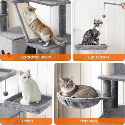 HOOBRO Double Litter Box Enclosure with Cat Tree, 45.3" L x 17.7" W x 68.9" H All-in-One Modern Cat Tower with Bed, Hidden Litter Box Enclosure Furniture, with Hammock, Sisal Posts, Greige BG22MZ03
