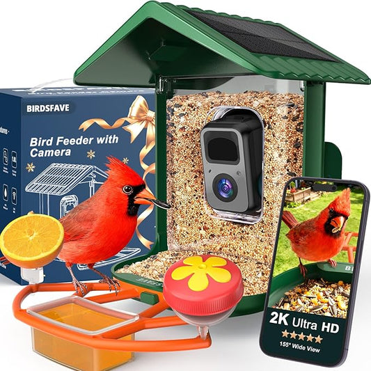 BIRDSFAVE-Bird Feeder with Camera Solar Powered, 2K Clear Live/Video/Photo Auto Arrival Alerts AI Identify Smart Cameras Birds Feeders with 32GB Card DIY Add-ons, 2.4G WiFi Wireless Birdwatching Gift