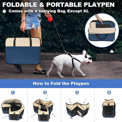 Aivituvin Dog Playpen, Foldable Pet Play Pens with Carrying Bag for Cat, Puppies, Rabbits, Portable Dog Tent Crates Cage for Travel Camping Indoor Outdoor, Removable Shade Cover, Blue M