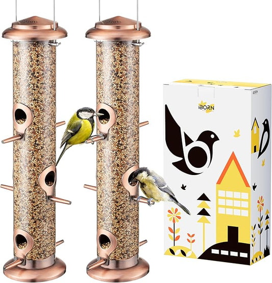 iBorn Metal Bird Feeders Brushed Copper Wild Bird Feeder for Outdoors Hanging All Metal Brushed Copper Finishing 15 Inch 6 Port,Pack of 2