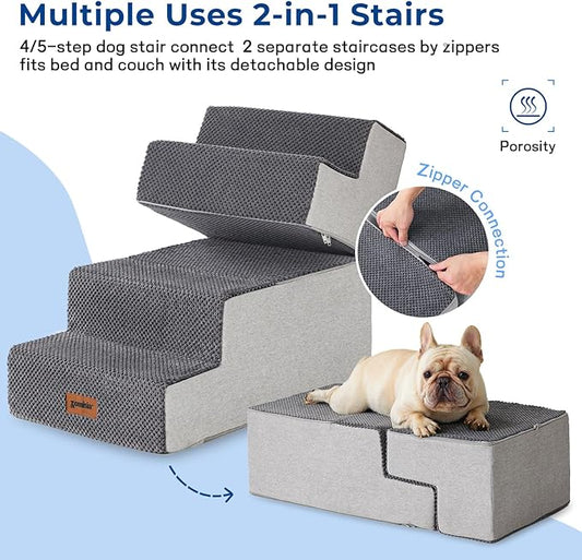 Dog Steps for High Beds - Dog Stairs 2 in 1 with Zippers Suitable for Small Dogs, Foam Pet Stairs with Non Slip Bottom Grey 5 Steps, Grey