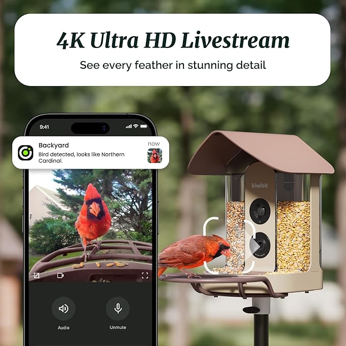 Beako™ Smart Bird Feeder with 4K Camera Solar Powered for Outdoors - UHD Live Stream for Birdwatching, AI Identification 10,000+ Bird Species, Real-Time Motion Detection, Autumn Clay