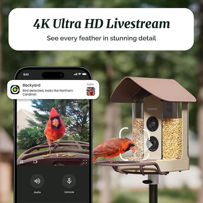 Beako™ Smart Bird Feeder with 4K Camera Solar Powered for Outdoors - UHD Live Stream for Birdwatching, AI Identification 10,000+ Bird Species, Real-Time Motion Detection, Autumn Clay