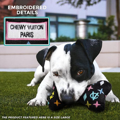 Haute Diggity Dog Black Monogram Chewy Vuiton Bone, Plush Designer Dog Toys with Interactive Squeaker, Stimulating Pet Enrichment, Machine-Washable & Safe Materials for All Breeds, Size XL