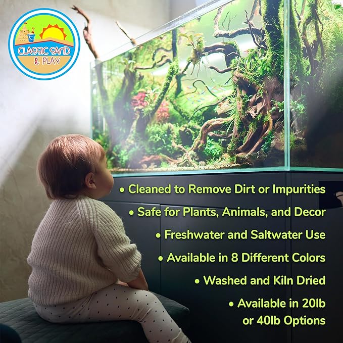 CLASSIC SAND & PLAY Natural Aquarium Sand for Freshwater and Saltwater Tanks, 20 lb. Bag, Improves Filter Life and Filtration Process, Pre-Washed Fine Sand, Rainbow