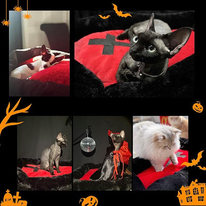 Cat Beds for Indoor Cats, Gothic Cat Beds Fits up to 40 lbs, Washble Coffin Dog Bed, Fluffy Pet Bed, Halloween House 32 * 22.4 Inch, Red & Black Large