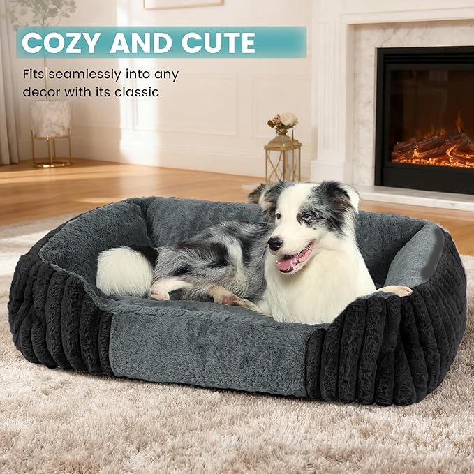 Dog Beds for Medium Dogs 32x24 Inch, Comfort-Sided Orthopedic Dog Bed Couch with Breathable Shredded Memory Foam, Faux Rabbit Fur Pet Bed, Non-Detachable, Non-Slip, Machine Washable
