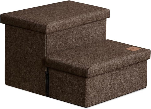 Love's cabin Dog Stairs with Storage 13" H,Foldable Pet Stairs for Small Medium or Large Dogs,Cat Puppy Steps Ramp with Zip up to 150 lbs(Coffee,2 Steps no Condo)