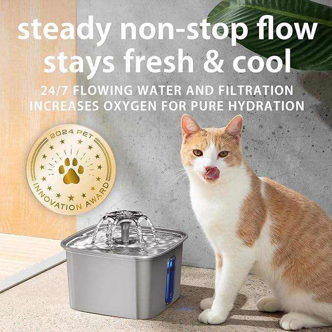 Veken Innovation Award Winner Stainless Steel Cat Water Fountain, 108oz/3.2L Automatic Pet Fountain Dog Water Dispenser with 6 Replacement Filters & Silicone Mat for Cats, Dogs, Multiple Pets (Silver)
