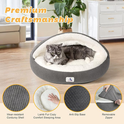 Covered Cat Bed Cave for Small Cats Dogs Washable Hooded Self Warming Cat Bed 23 inches Anti-Slip Round Fluffy Kitten Puppy Bed Noiseless Security Cat Cave Bed with Removable Cushion, Gray