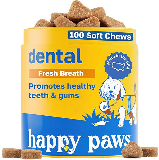 Happy Paws Dental Supplement, Dog Breath Freshener & Teeth Cleaning Treats, Oral Care Support for All Breeds, Sizes & Ages, Natural Spearmint Flavor, Organic, Non GMO, 100 Soft Chews