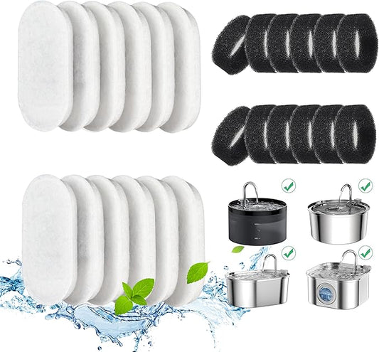 Cat Water Fountain Filters, 24 Pack Cat Fountain Filters, Cat Fountain Replacement Filters for 67oz/2L&108oz/3.2L Stainless Steel Cat Water Fountain, Pet Water Fountain Filters (12 Filters&12 Sponges)