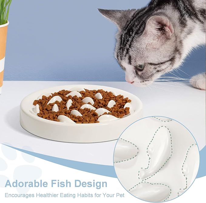 Slow Feeder Bowl for Cats and Small Dogs,Cilkus Fish Pool Design, Fun Interactive Bloat Stop Puzzle Feeder Bowl Healthy Eating Diet Made of Melamine Food Grade Material Dishwasher Safe (White)
