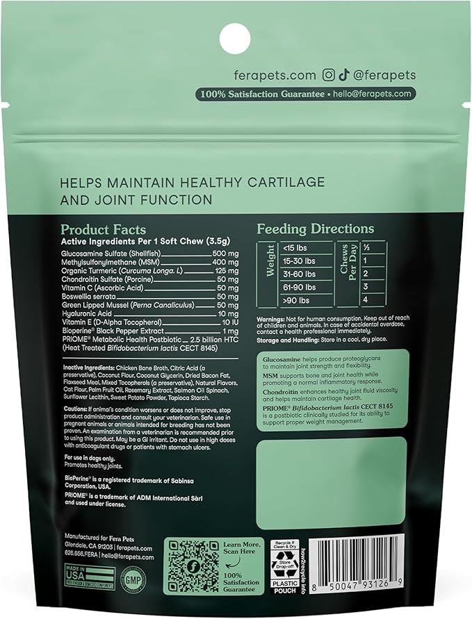 Fera Pets Hip & Joint Supplement for Dogs with Glucosamine, MSM, Chondroitin, & Green Lipped Mussel - Supports Healthy Joints and Weight Management - 10 Soft Chews