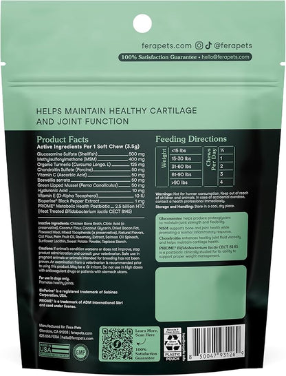 Fera Pets Hip & Joint Supplement for Dogs with Glucosamine, MSM, Chondroitin, & Green Lipped Mussel - Supports Healthy Joints and Weight Management - 10 Soft Chews
