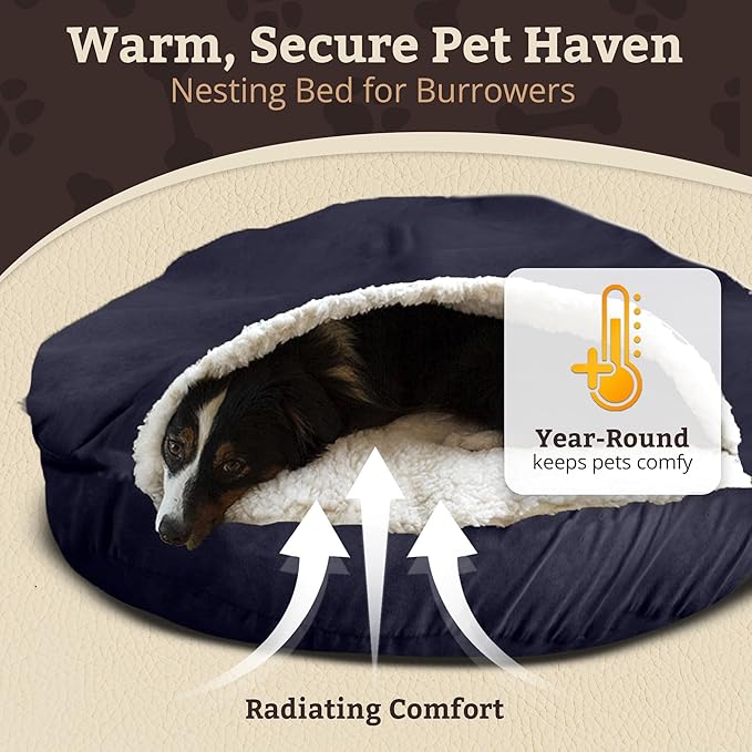 Snoozer Cozy Cave Dog Bed - Indoor Dog Bed with Cover Cave, Covered Calming Burrow for Small & Medium Sized Pets with Blanket Attached, Enclosed, Removable Washable Cover - Large, Navy