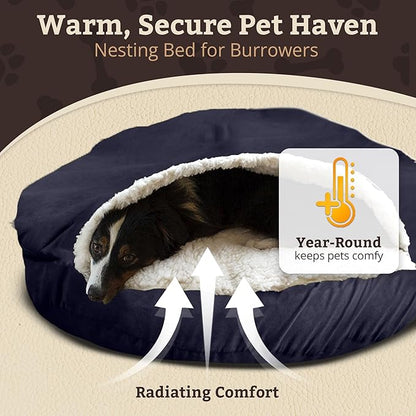 Snoozer Cozy Cave Dog Bed - Indoor Dog Bed with Cover Cave, Covered Calming Burrow for Small & Medium Sized Pets with Blanket Attached, Enclosed, Removable Washable Cover - Large, Navy