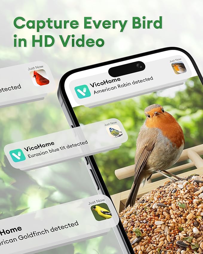 Wooden Smart Bird Feeder with Camera, 1080P HD Video Bird Feeders with Solar Powered, AI Birds ID for 10,000+ Species, IP65 Waterproof, WiFi Birdhouse Camera for Birds Watching Gifts