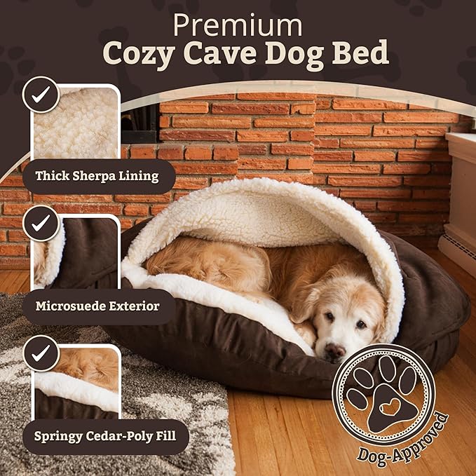 Snoozer Luxury Cozy Cave Dog Bed - Indoor Dog Bed with Cover Cave, Covered Calming Burrow for Medium & Large Sized Pets with Blanket Attached, Enclosed, Washable - XL, Hot Fudge