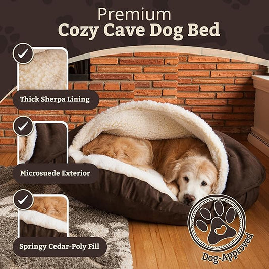 Snoozer Luxury Cozy Cave Dog Bed - Indoor Dog Bed with Cover Cave, Covered Calming Burrow for Medium & Large Sized Pets with Blanket Attached, Enclosed, Washable - XL, Hot Fudge
