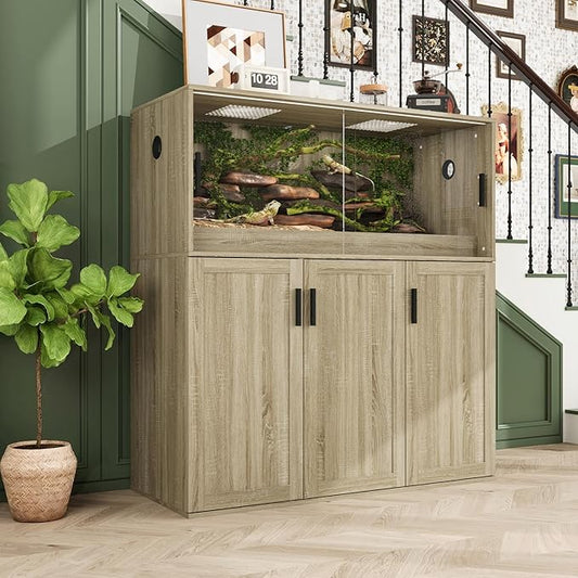 DAWNSPACES Terrarium Stand, Bearded Dragon Cage, Reptile Tank Stand Enclosure, Terrarium Table with Tempered Glass, Ventilation Holes and 2 Cabinets for Living Room, Light Oak Color
