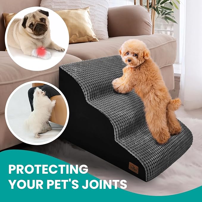 Dog Srairs for Small Dogs, 4-Step Dog Ramp for High Beds and Couch, Foam Dog Stairs with Durable Non-Slip Waterproof Fabric Cover, Grey Pet Stairs for Pets Joint