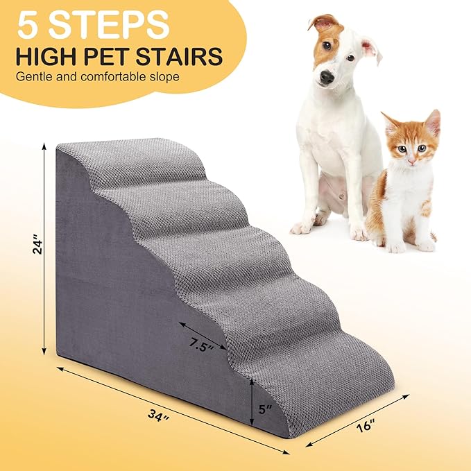 Dog Stairs for Bed and Couch, Non-Slip 5-Step Pet Stairs, 24" High Sofa Foam Dog Ramp - Best for Small Pets, Dogs and Cats with Joint Pain